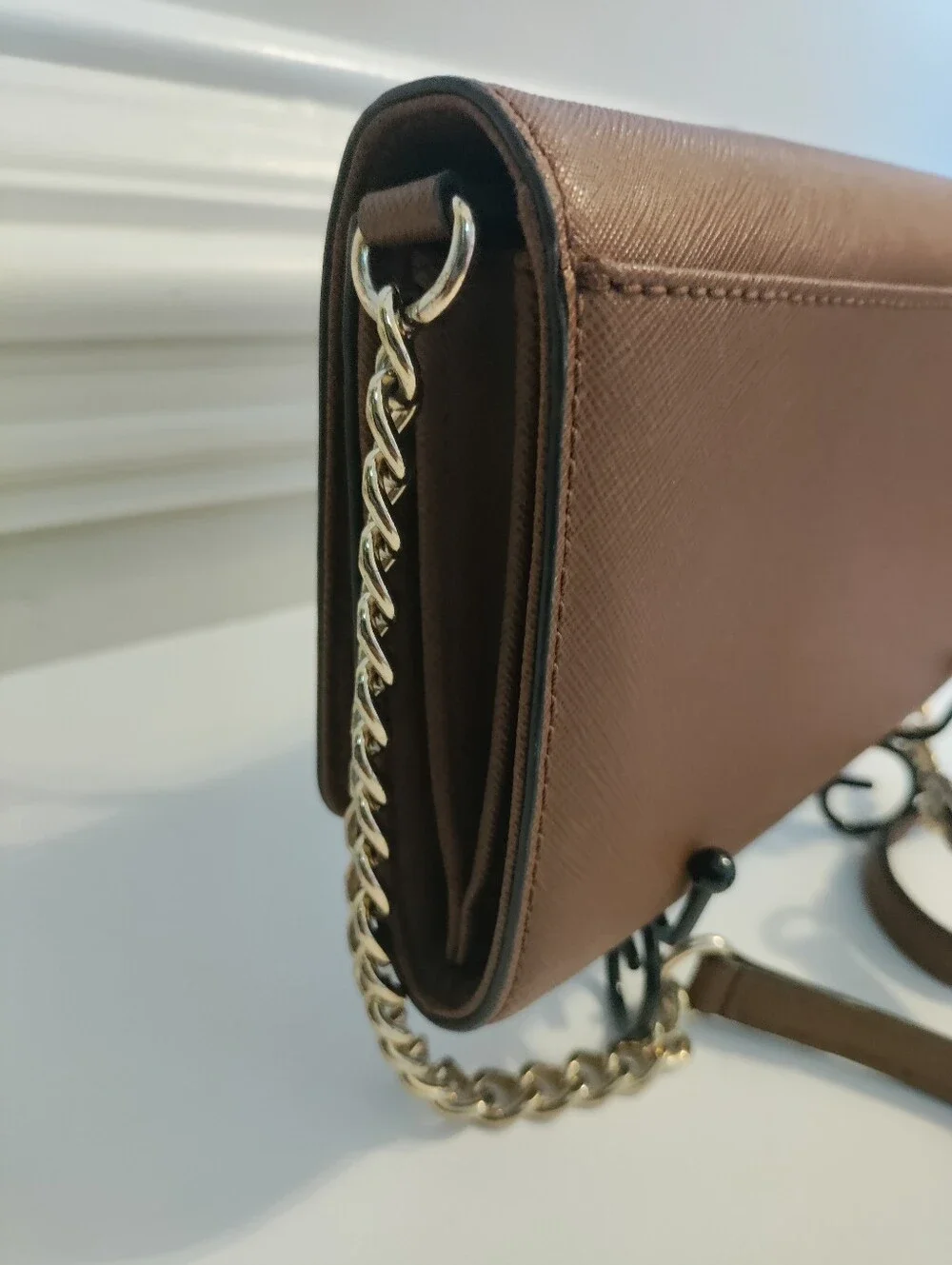 Michael Kors Cognac Saffiano Leather Crossbody Wallet with Gold Chain